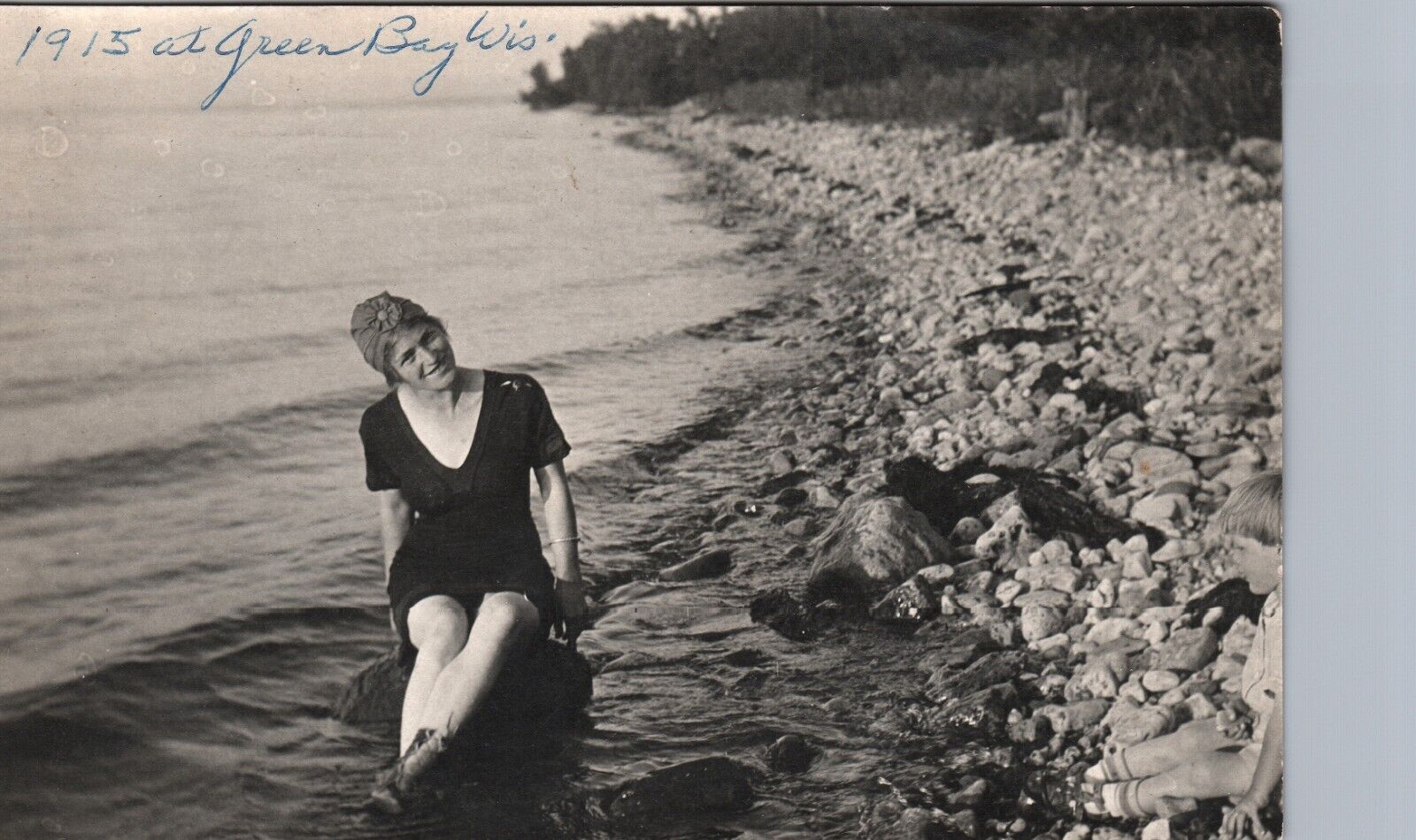 BEACH BATHING LADY green bay wi real photo postcard rppc wisconsin history woman