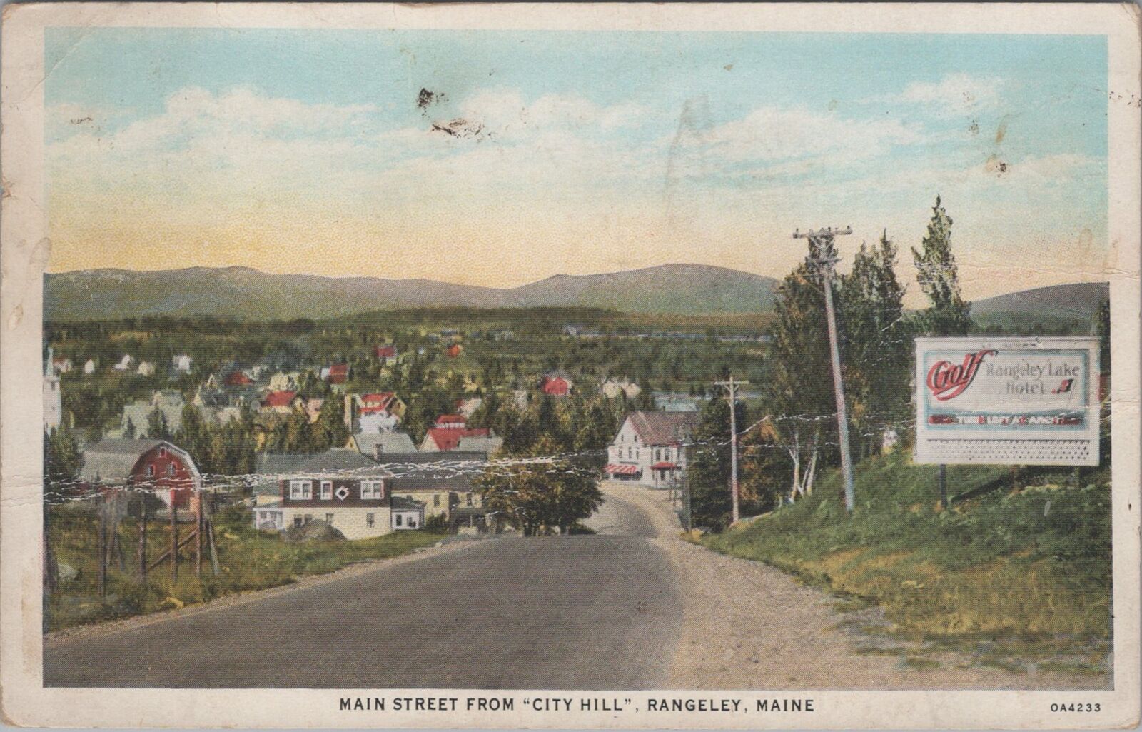 Main Street City Hill View, Rangeley Lake Hotel Golf Ranch,Maine 1932 Postcard