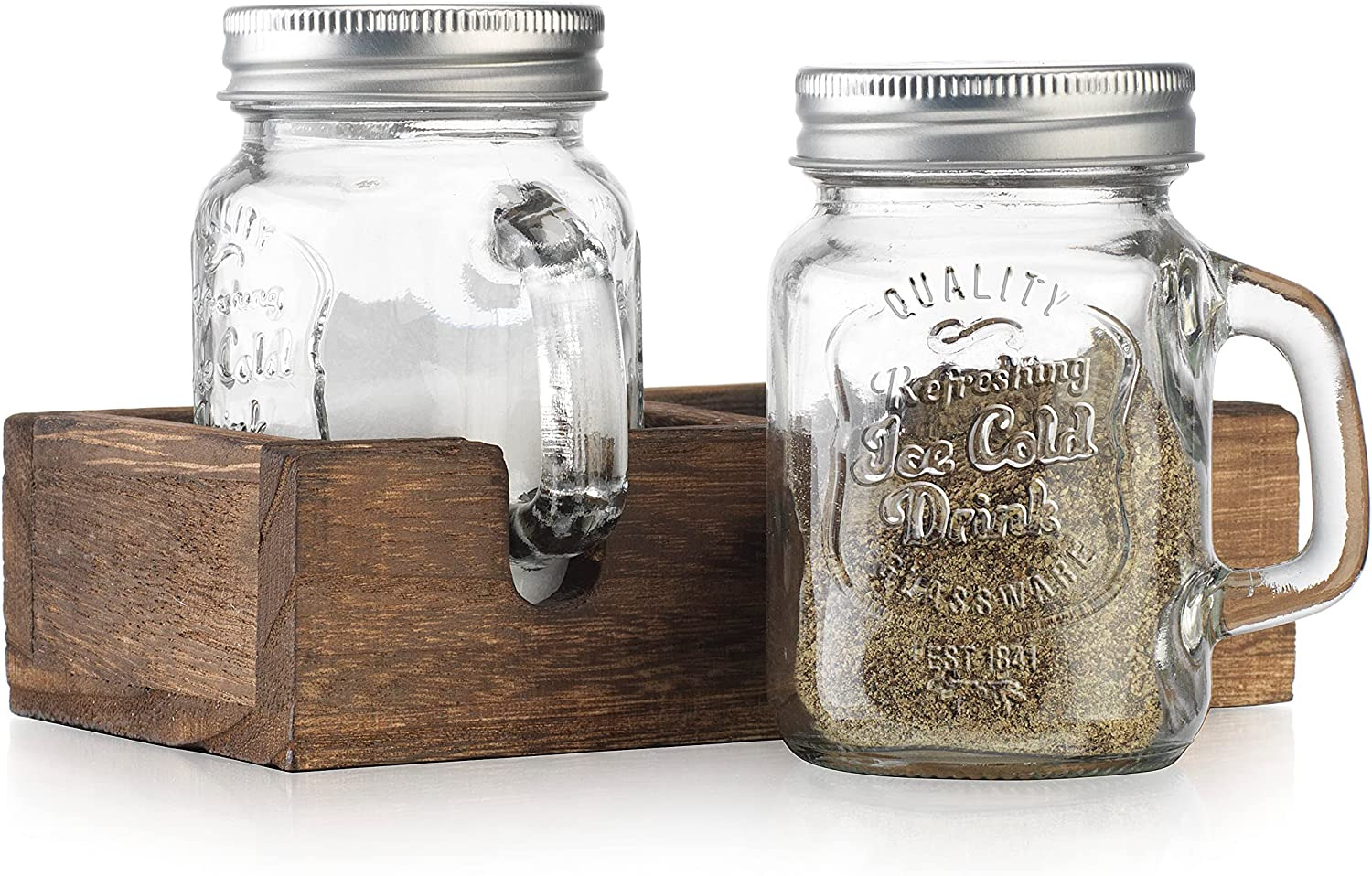 Mason Jar Salt and Pepper Shakers - Vintage Glass Condiment Dispenser Set with W