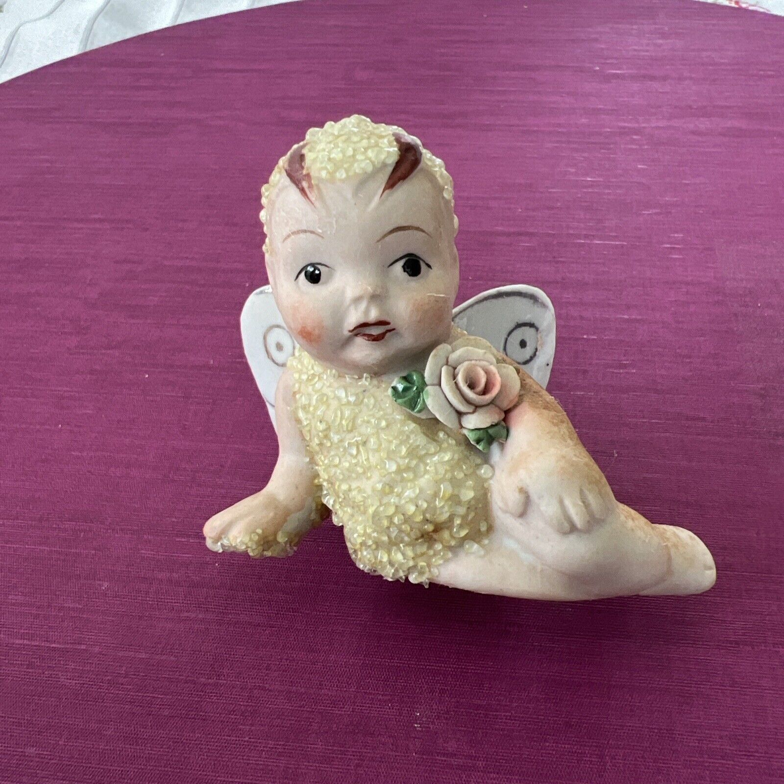 Vtg Bisque Ceramic Fairy / Pixie Yellow Sugar Baby Butterfly Wings Japan #169977
