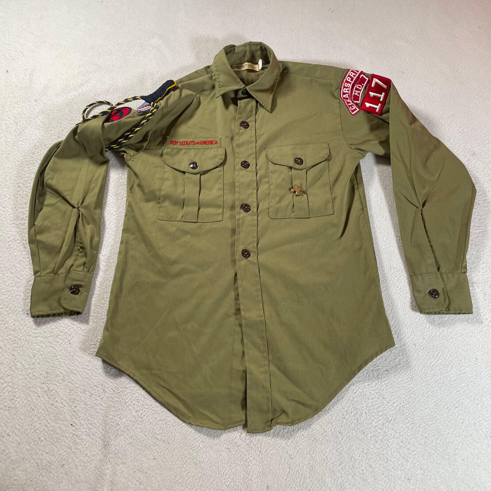 Vintage Boy Scouts Shirt Youth Large Green Uniform Button Down USA Patches Rare