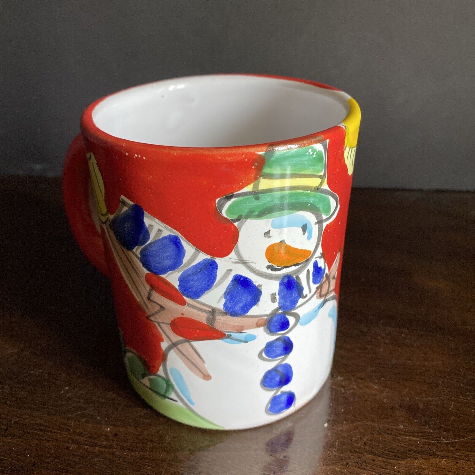 La Musa Pottery Mug Snowman & Boy Colorfully Hand Painted Made in Italy