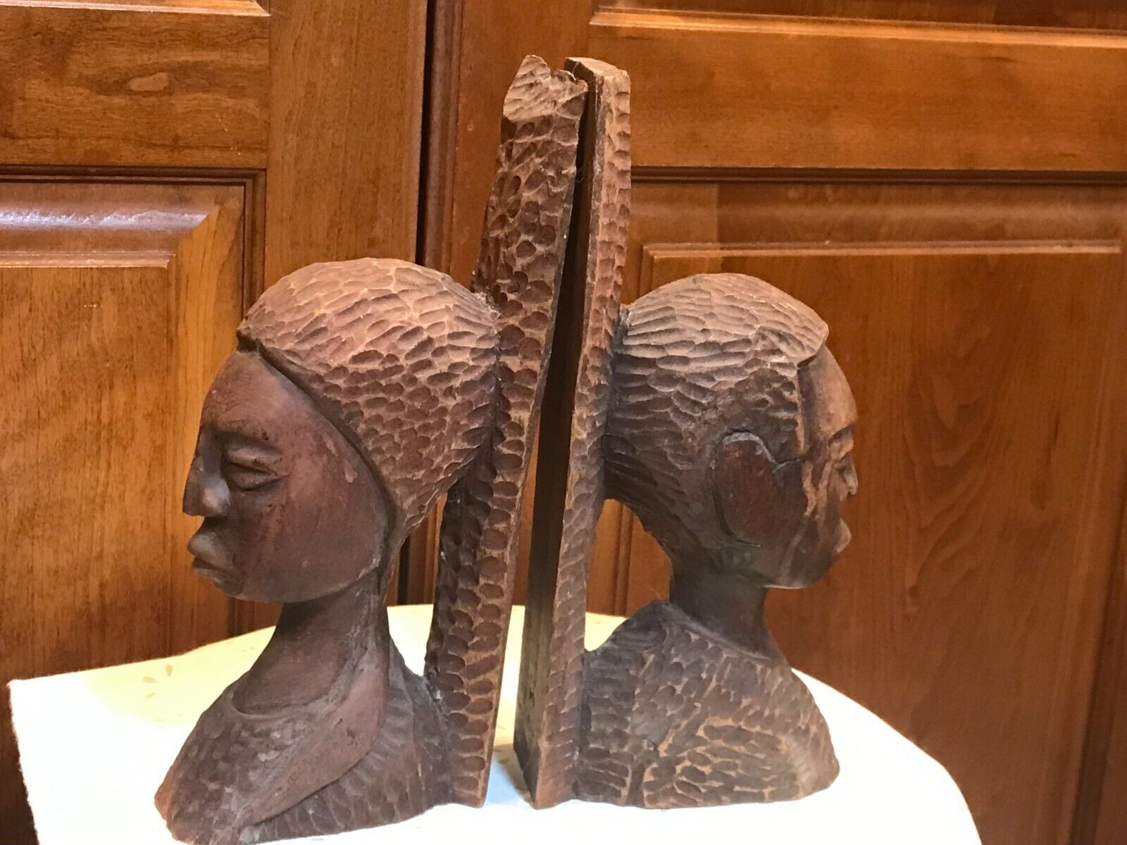 Great African Tribal Art Natives Hand Carved Wood Bookends Heads High Back 9 1/4