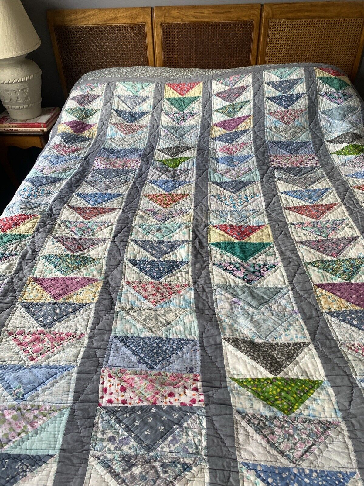 Antique/ Vintage Hand Stitched Queen Size Flying Geese Quilt 88” X 86”.