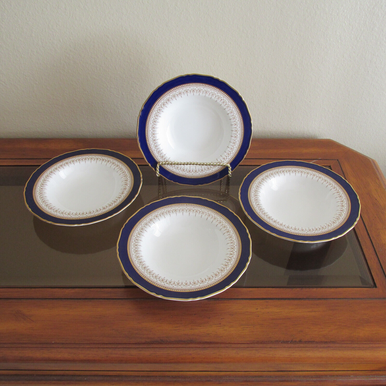 4 Royal Worcester Regency Blue Rimmed Soup Bowls, Mint Condition