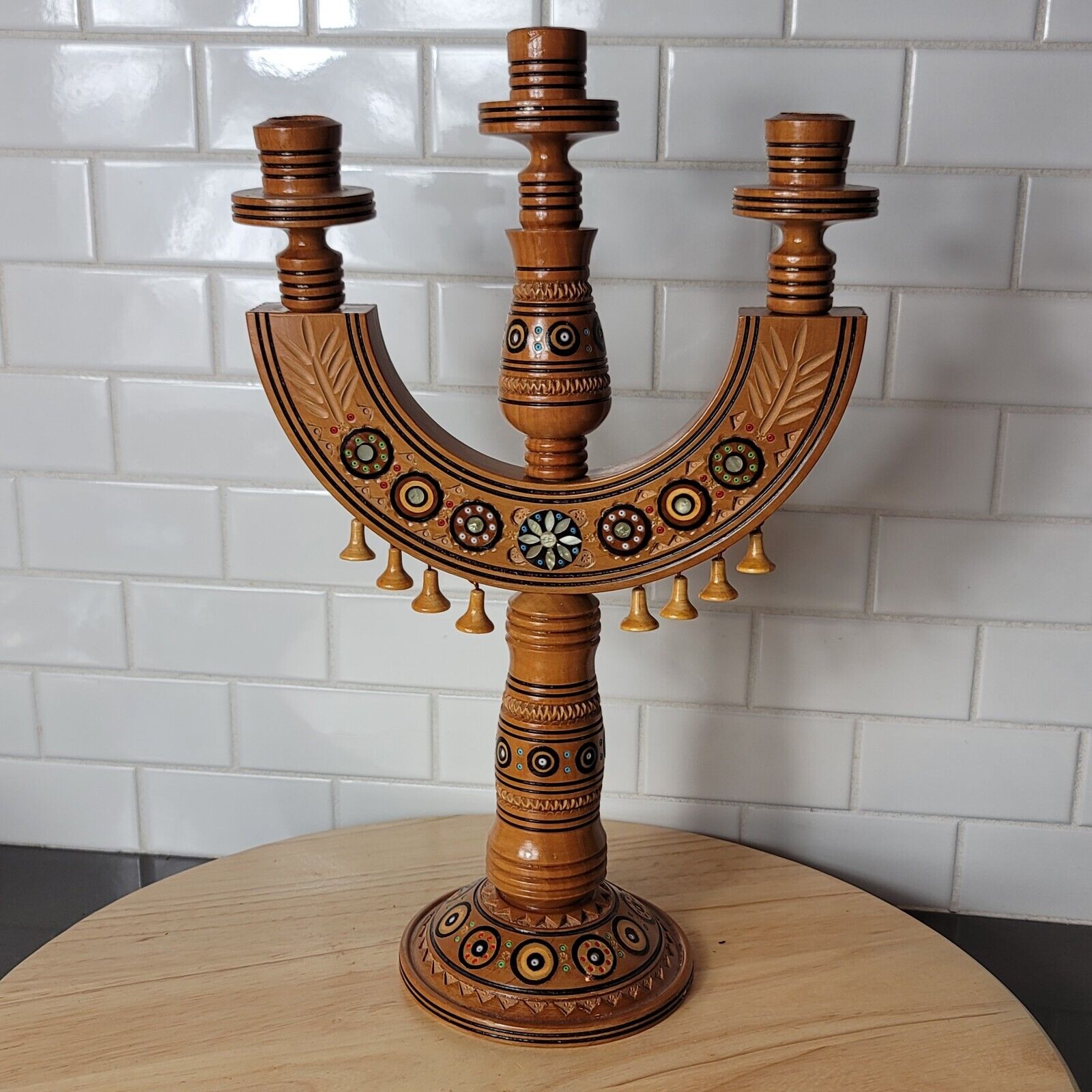 Vintage Ukrainian Candelabra 3 Candle Candlestick Holder Hand Carved Wood