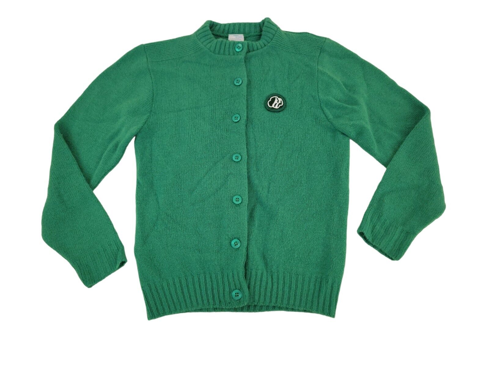 Vintage Girl Scouts Sweater Emerald Green 1960s Button Up Cardigan Sz Small 8/10