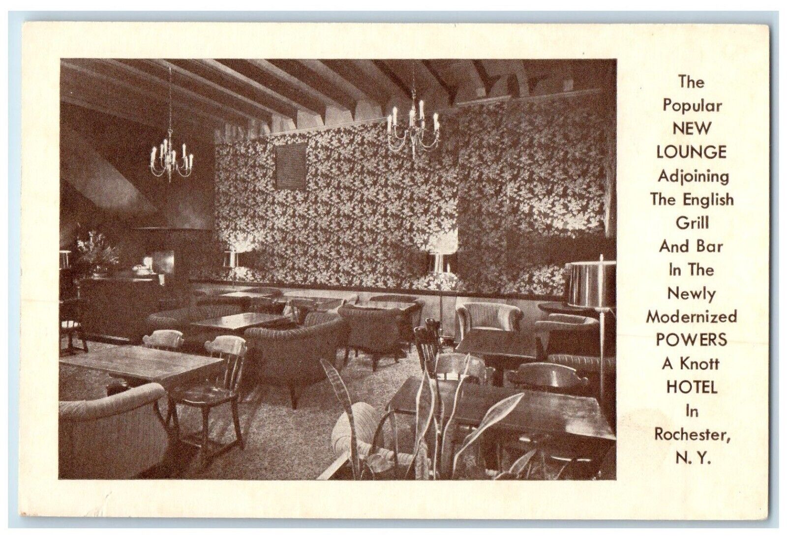 The Powers Hotel New Lounge English Grill Rochester New York NY Vintage Postcard