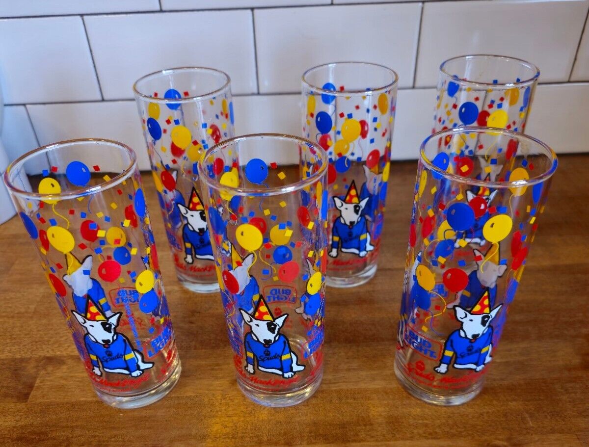 6 Vintage Spuds Mackenzie Bud Light 6” Beer Glasses Tumblers 12oz Party Animal 
