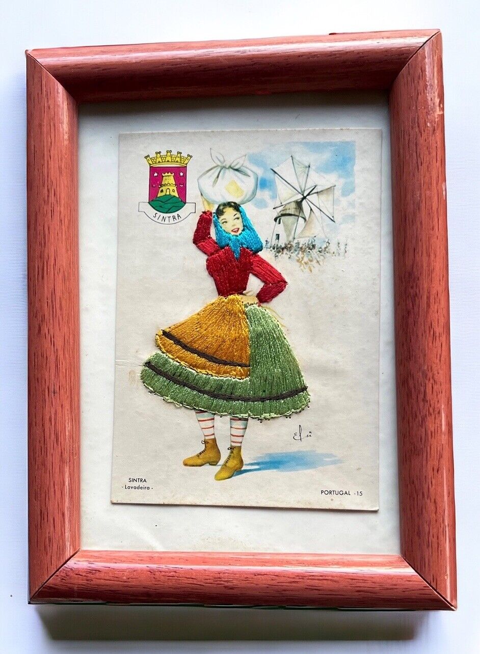 Artist Signed Silk Embroidered Postcard Sintra Lavadeira Portugal Wood Frame
