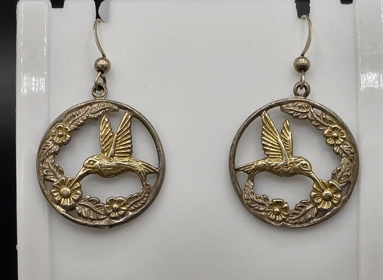 Vintage Repousse Hummingbird Floral Sterling Silver Circle Hook Earrings 6.7g