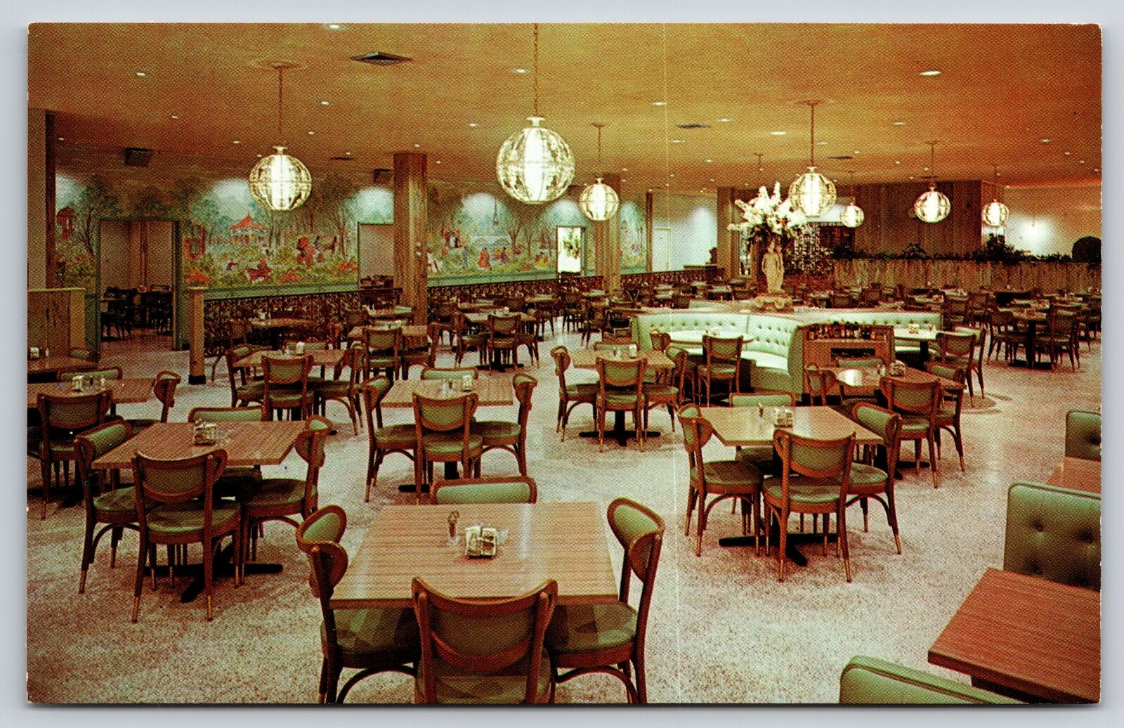 Interior~Springfield Missouri~Heritage Cafeteria~Globe Chandeliers~Vtg Postcard
