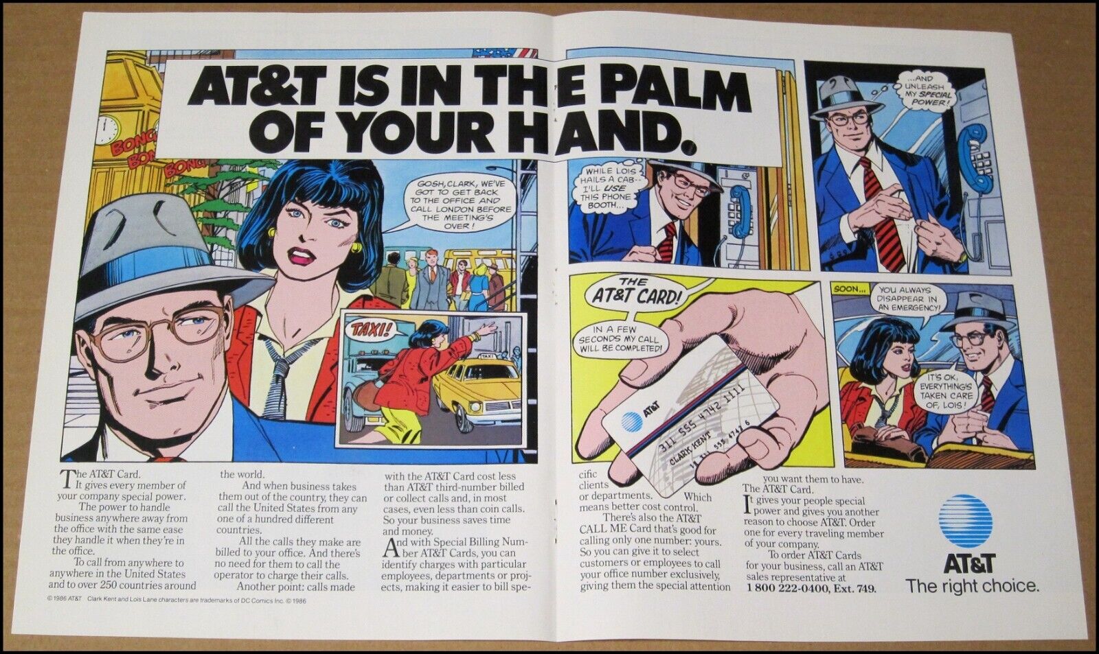 1987 AT&T Telephone Card 2-Page Print Ad Clark Kent Lois Lane Superman DC Comics