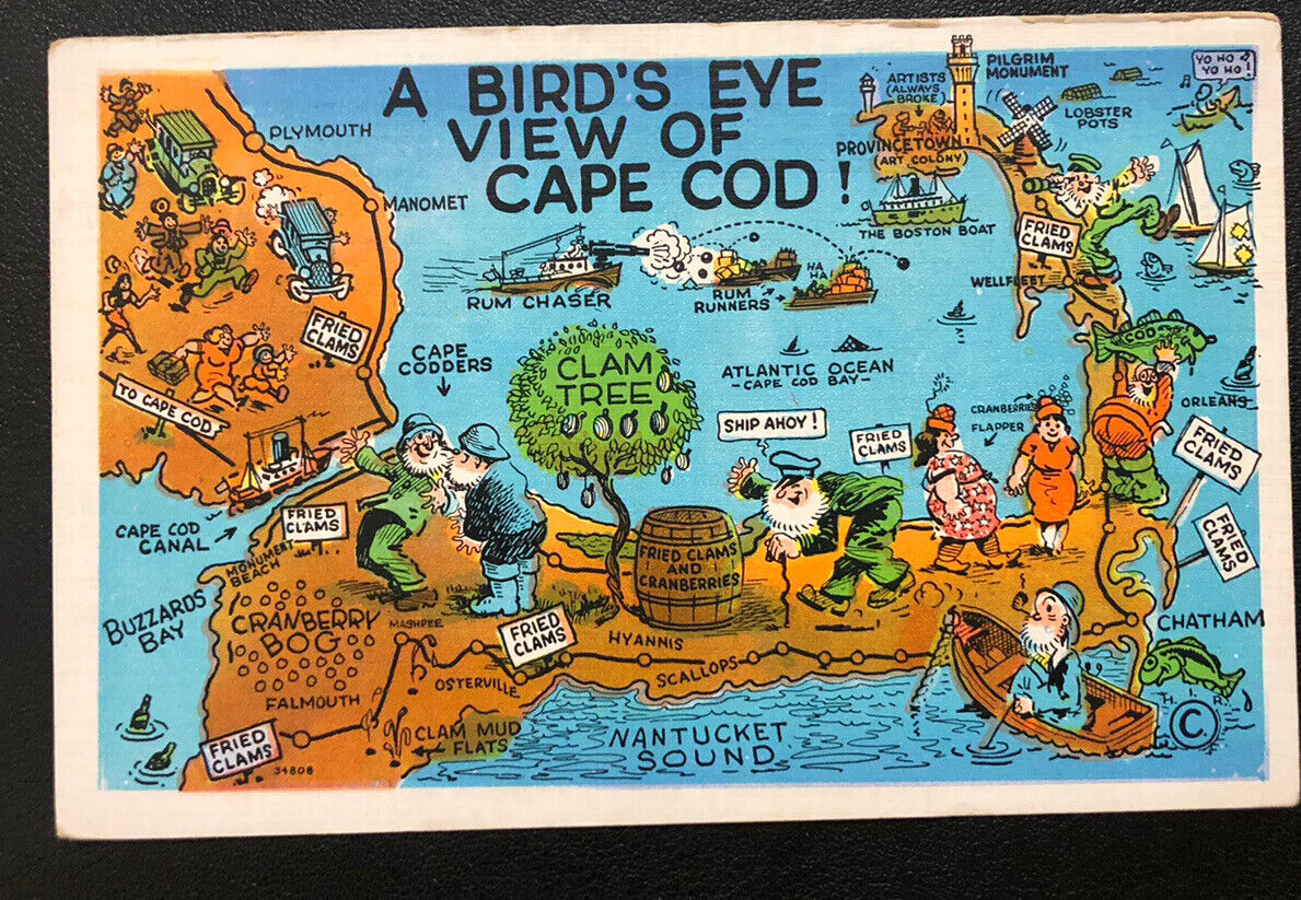 Bird’s Eye View Cape Cod MA Map Vintage Massachusetts ￼Clams Postcard