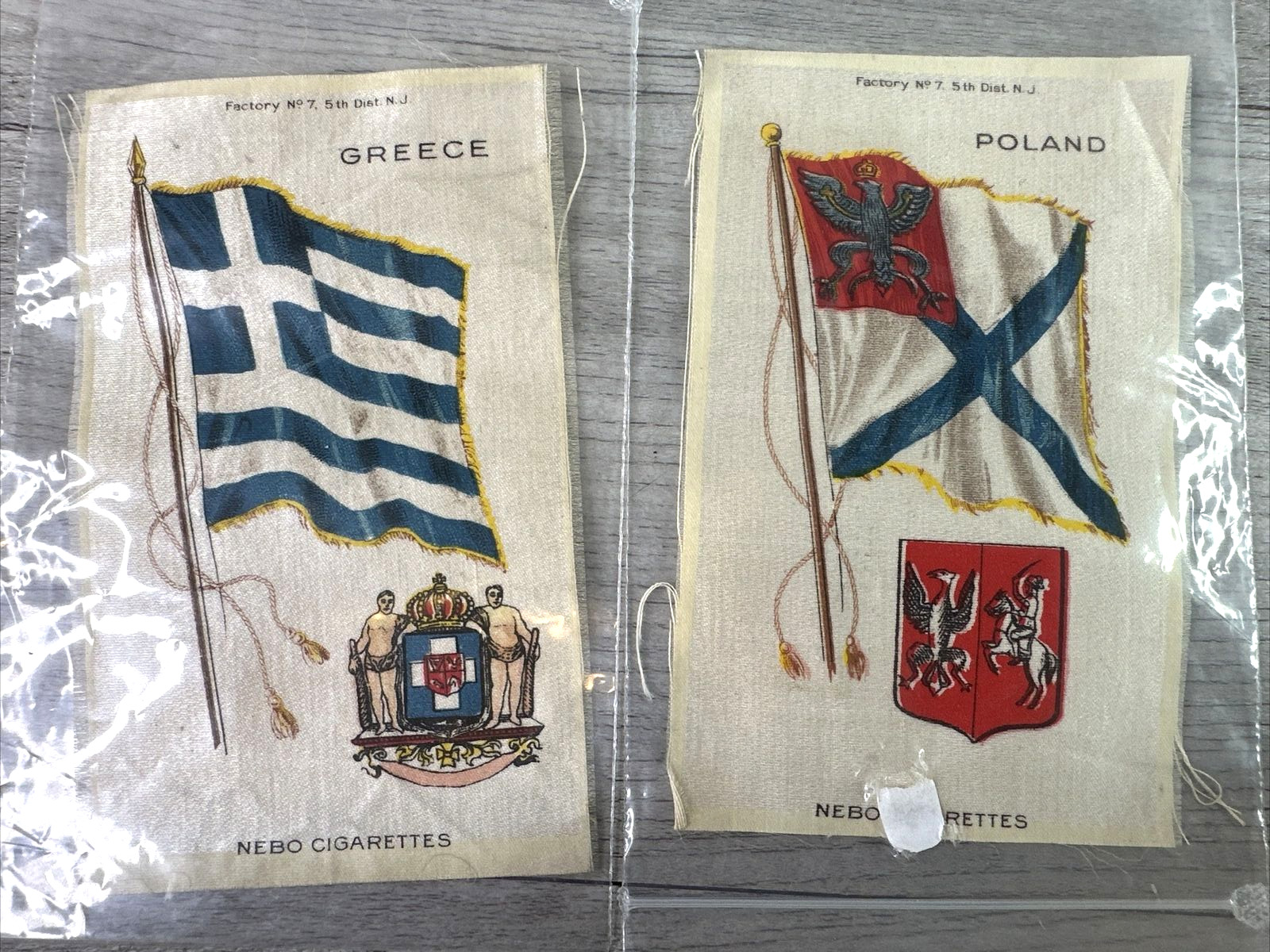 Vintage Lot of 2 Nebo Cigarettes Tabacco Silks Poland Flag & Greece Flag