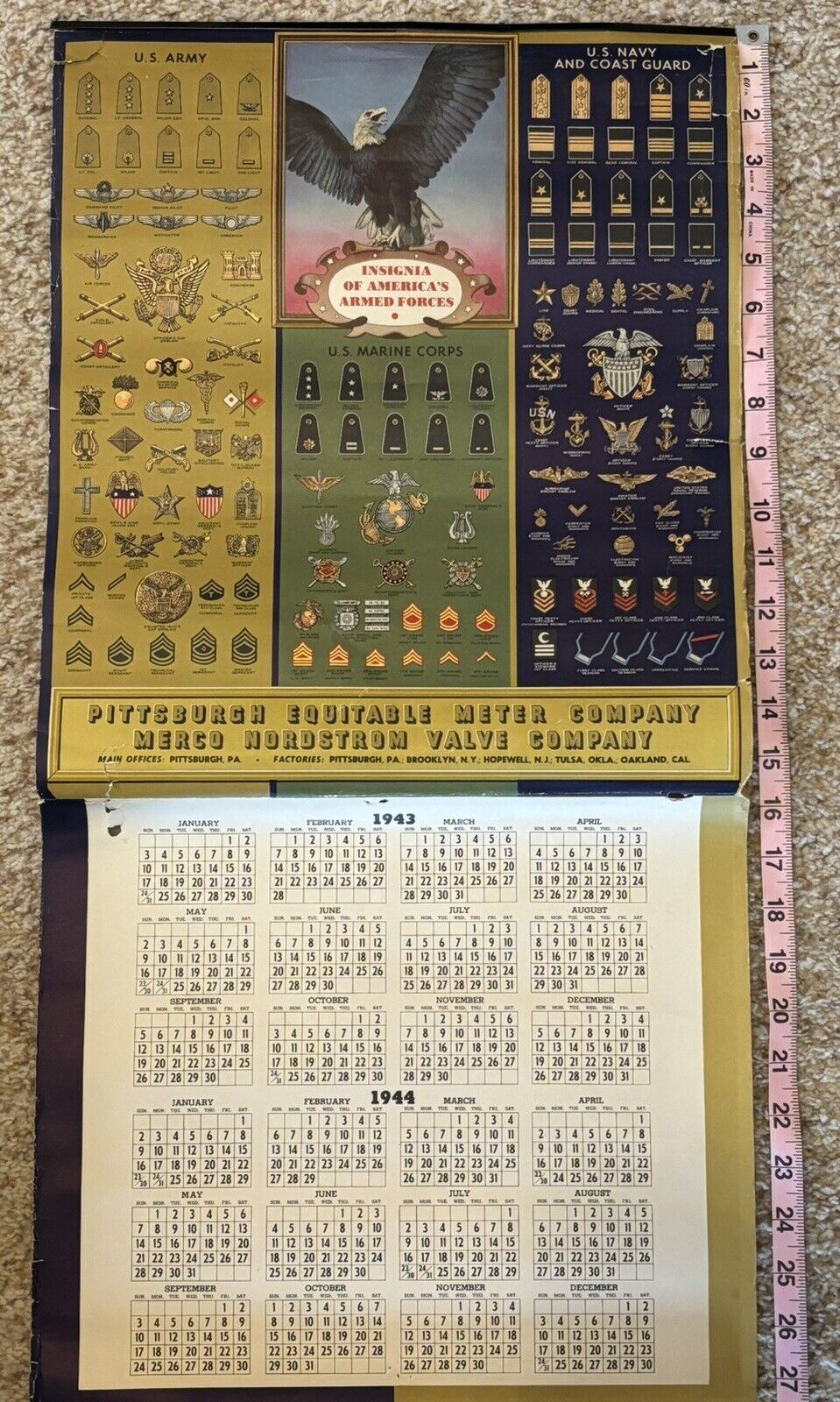 WWII 43 Insignia Calendar Pittsburgh Equitable Meter & Merco Nordstrom Valve Co.