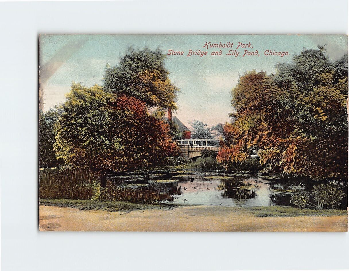 Postcard Humboldt Park Stone Bridge and Lily Pond Chicago Illinois USA