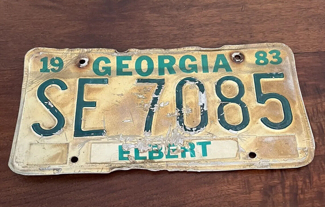 Georgia License Plate State Tag 1983 Elbert County SE 7085 Green Letter Vintage
