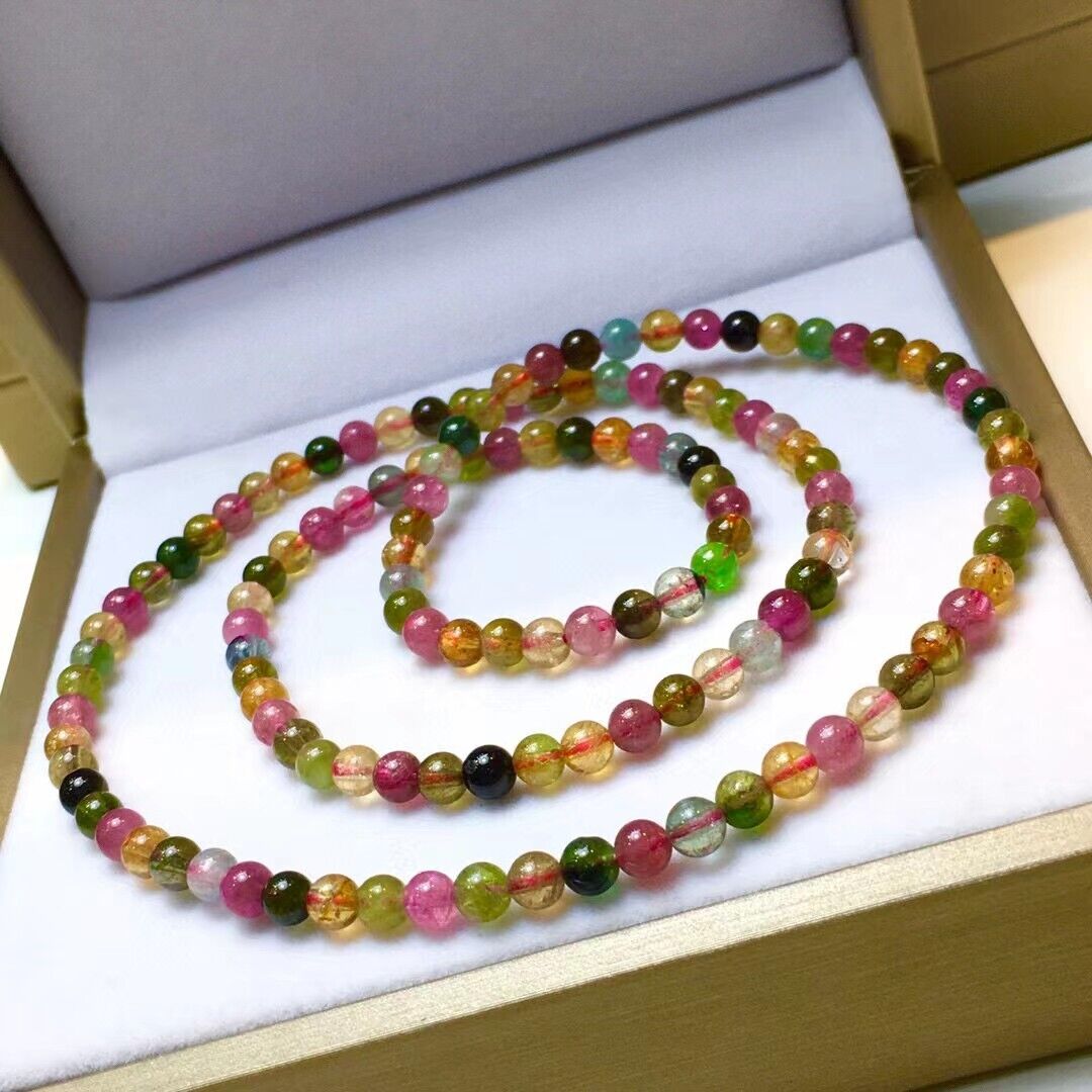 4.5mm Natural Beautiful Tourmaline Quartz Crystal Gems Round Beads Bracelet