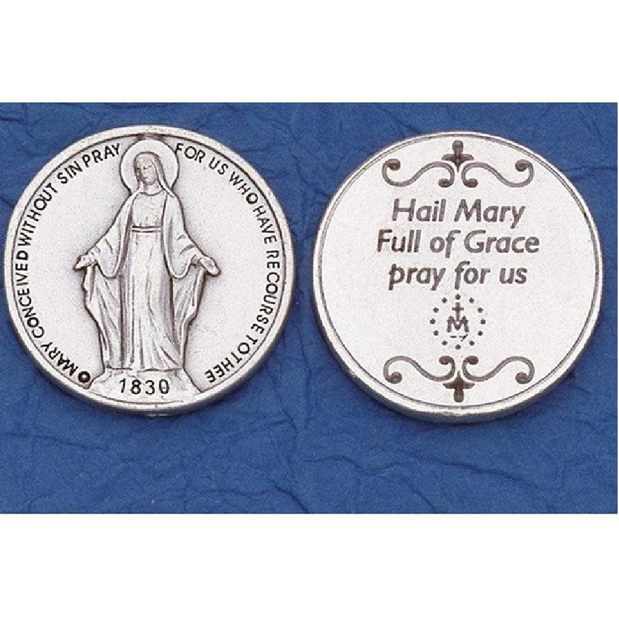 Miraculous Medal - with Hail Mary- Religious Prayer Pocket Token Italian Coin