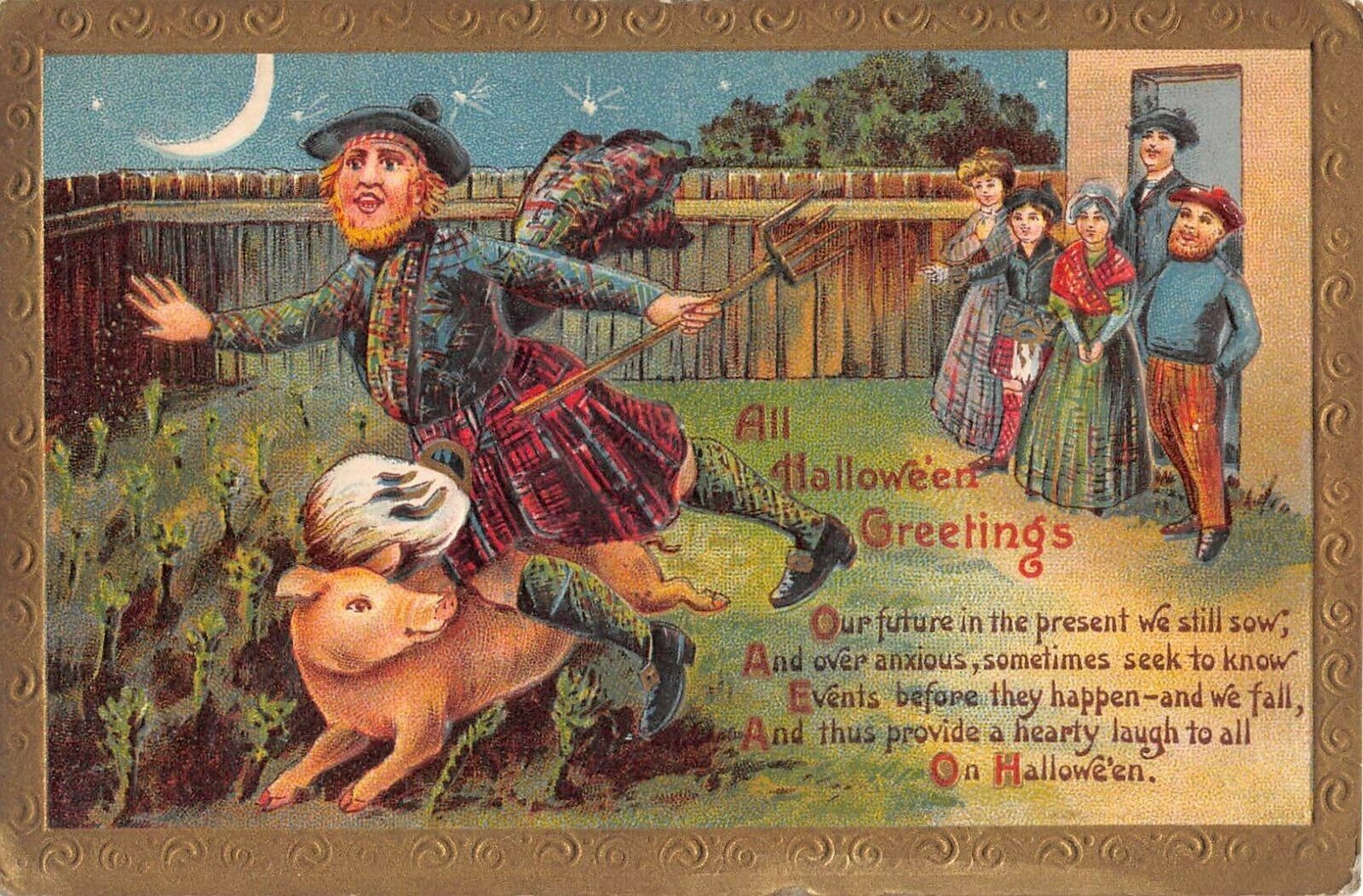 c.1913 Family Watching Hugging Couple Bat Moon Halloween Greetings post card