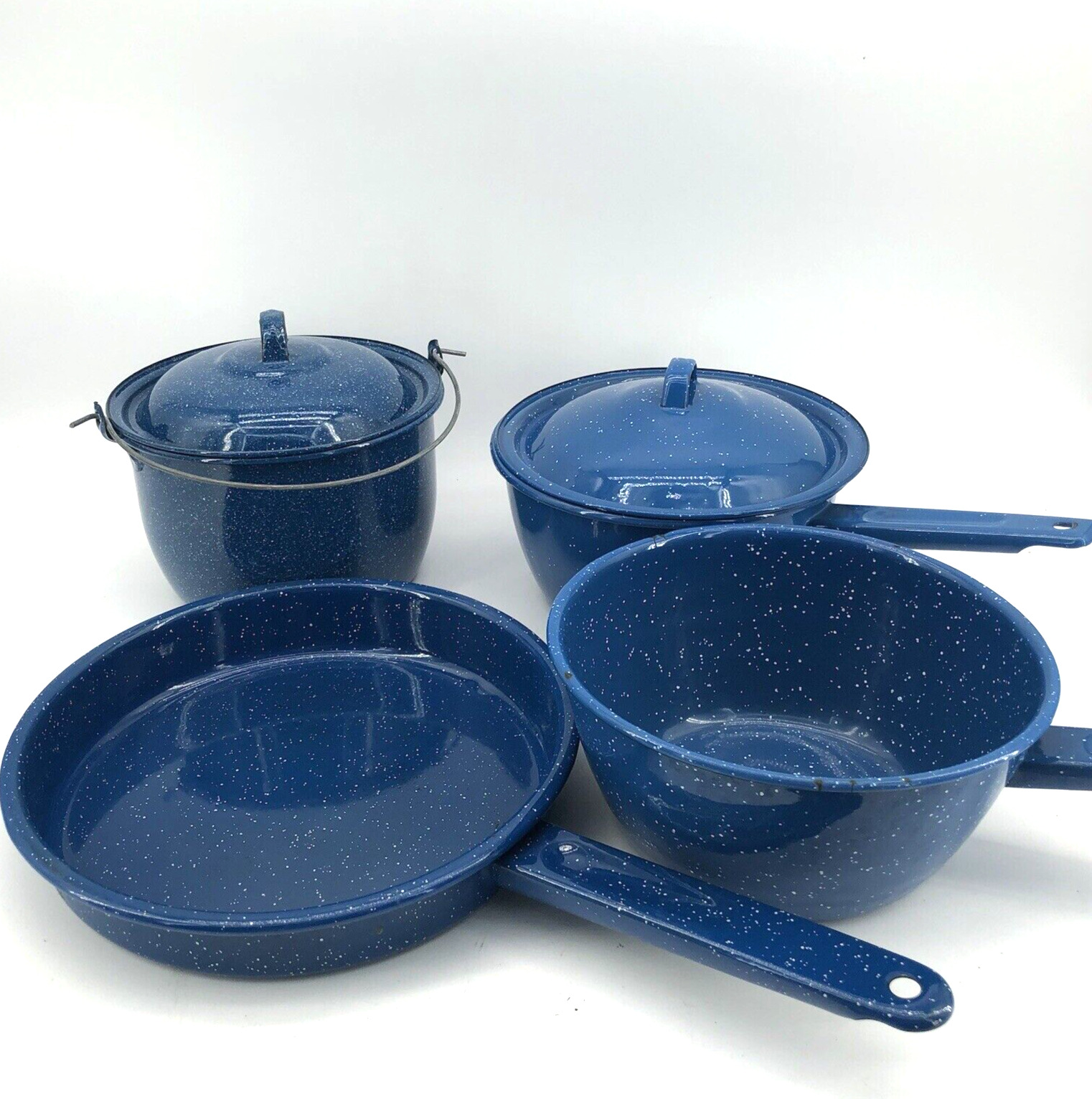 Lot of Speckled Blue Enamel Camping Cookware Pots 6 Pc Set