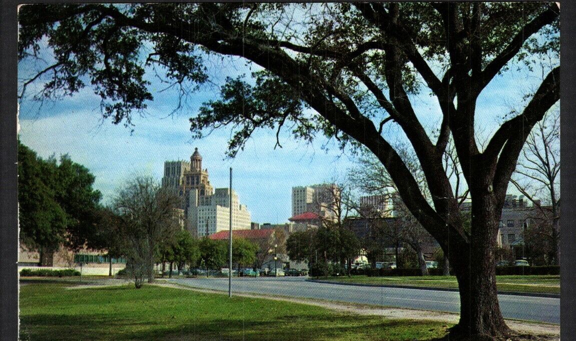 Postcard TX Houston Skyline View From Sam Houston Park Chrome Posted 1957