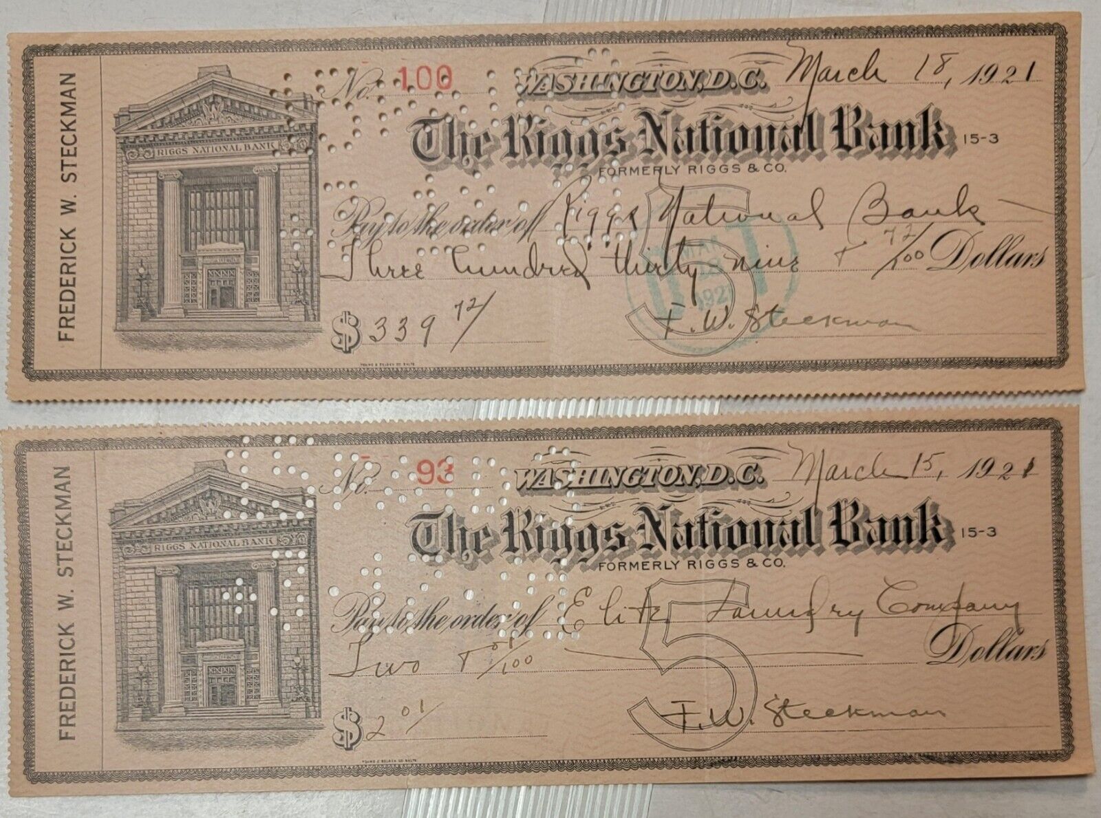 2 1921 RIGGS WASHINGTON D.C. BANK CHECKS E316