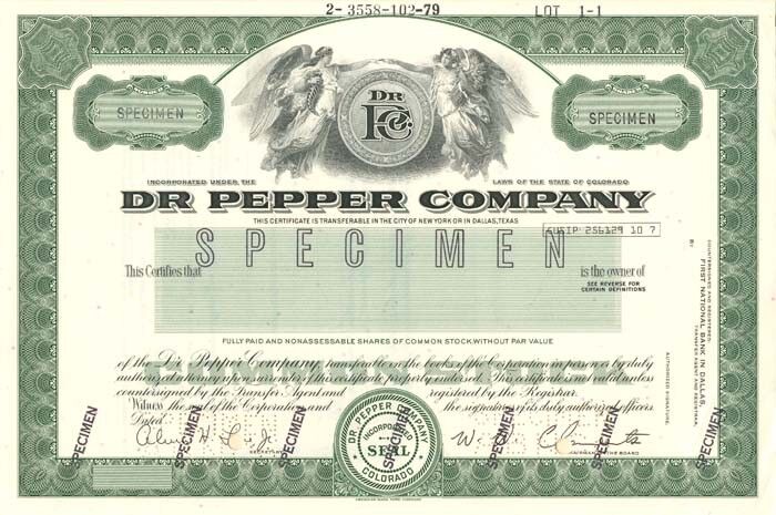 Dr. Pepper Company - SPECIMEN - Stock Certificate (Green)