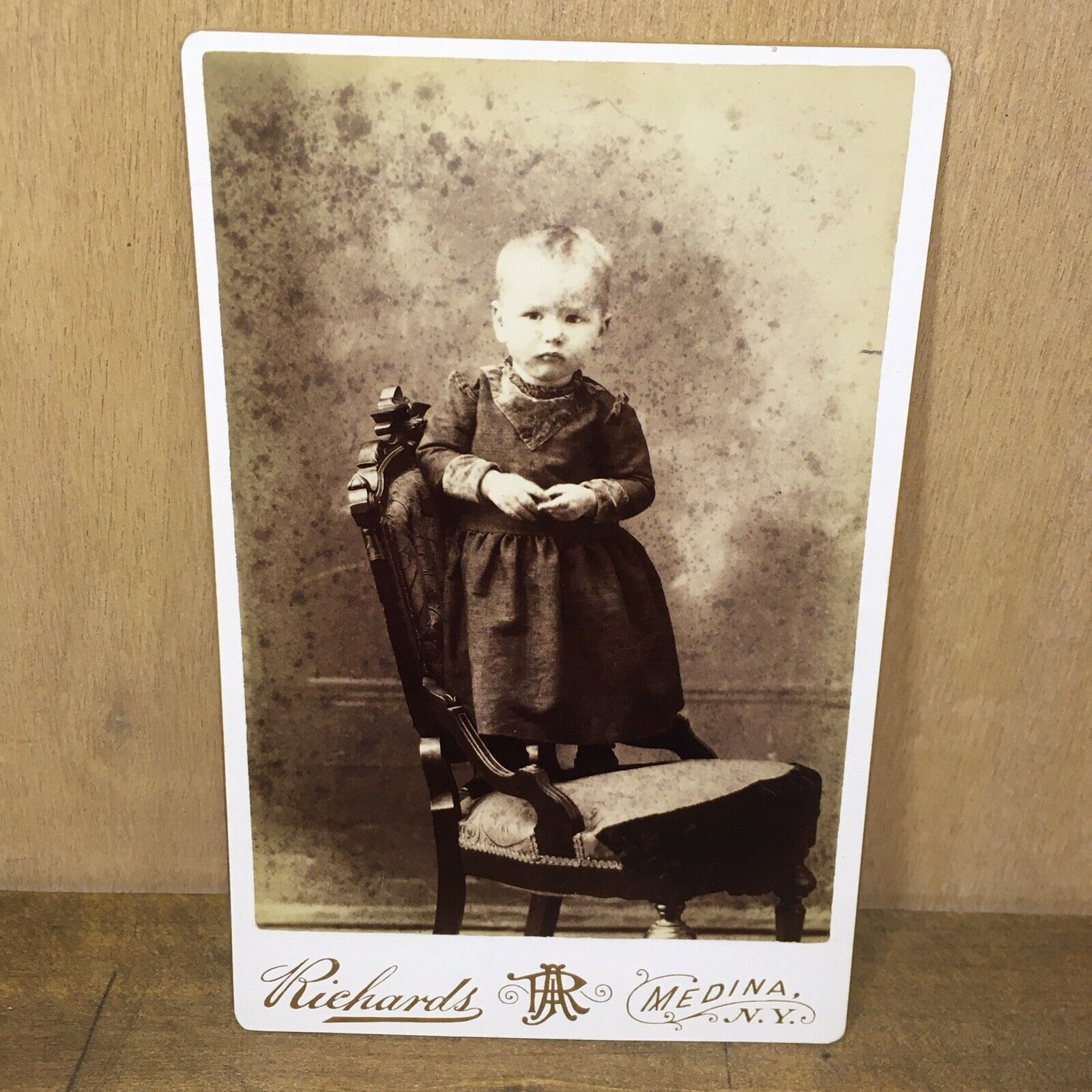 Antique Cabinet Card Photo Child Standing on Chair Richards Medina New York 1892