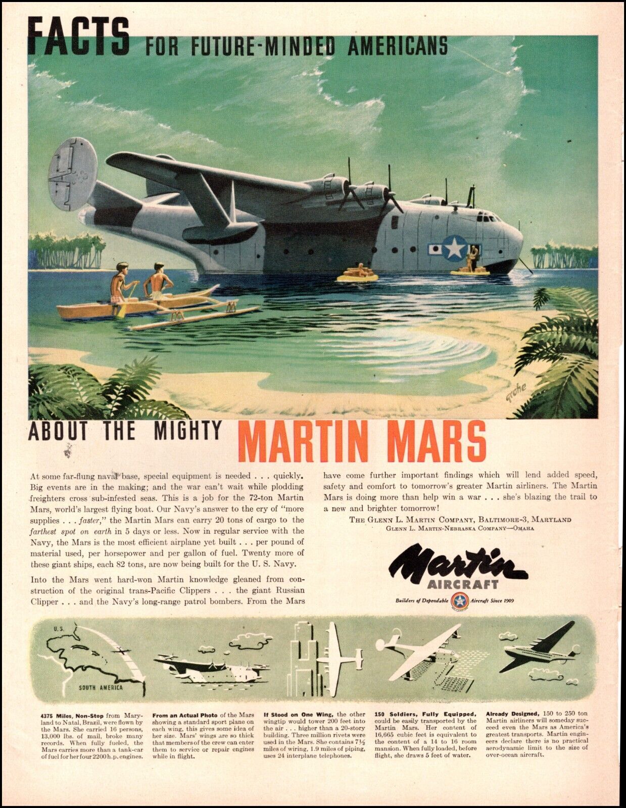 1944 WW2 Ad MARTIN Aircraft The Mighty Martin JRM Mars in Pacific Lagoon 071424