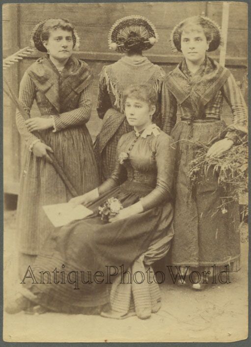 Lombardy Italy girls peasants w rakes Brianzolo costumes antique albumen photo