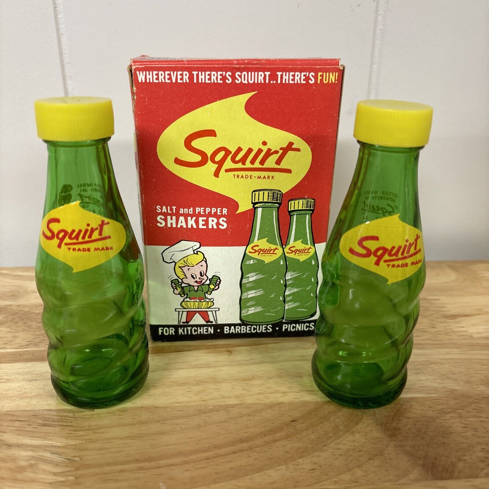Vintage Squirt Soda Salt and Pepper Glass Shakers in Original Box 