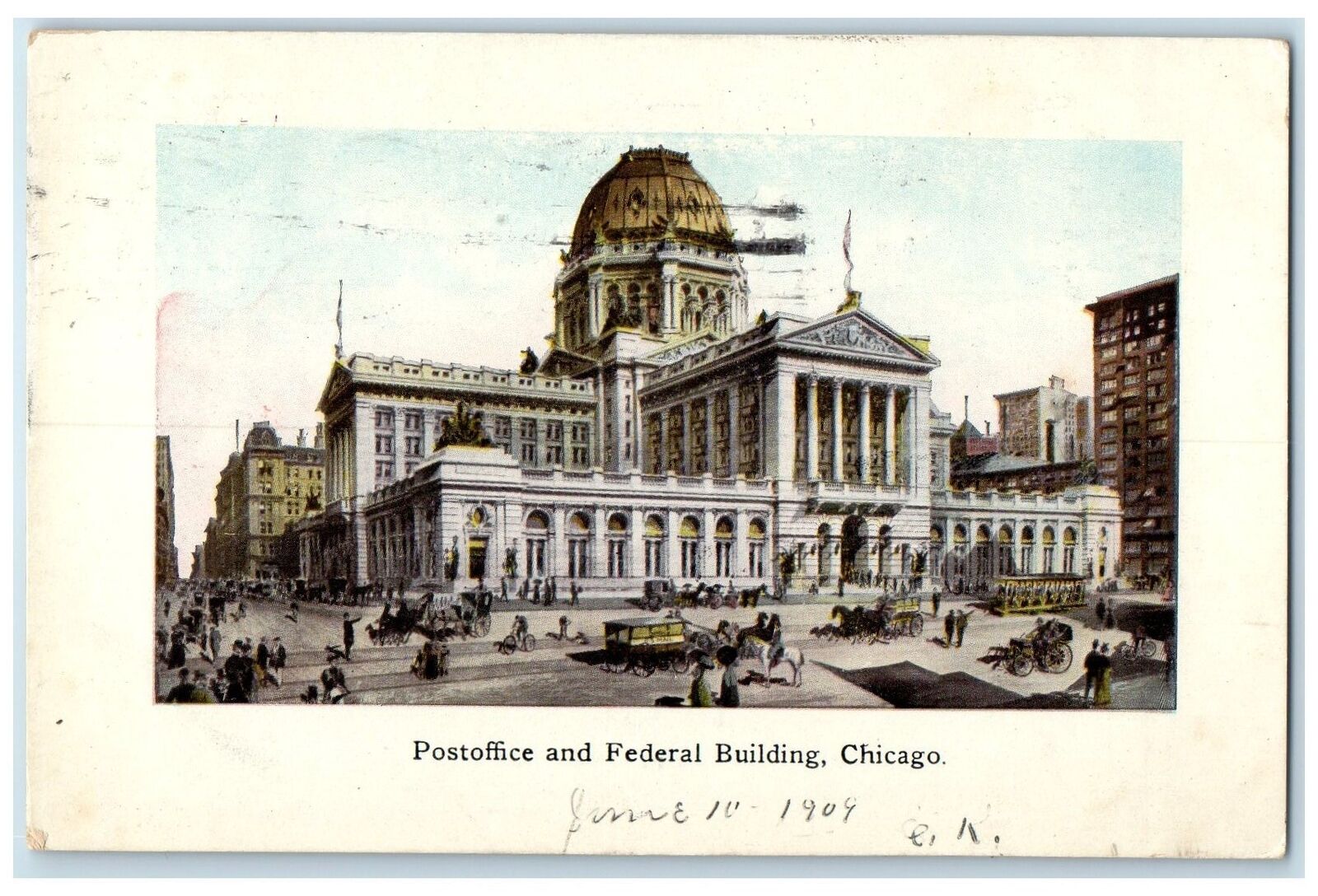 1909 Post Office And Federal Building Exterior Chicago Illinois IL Cars Postcard