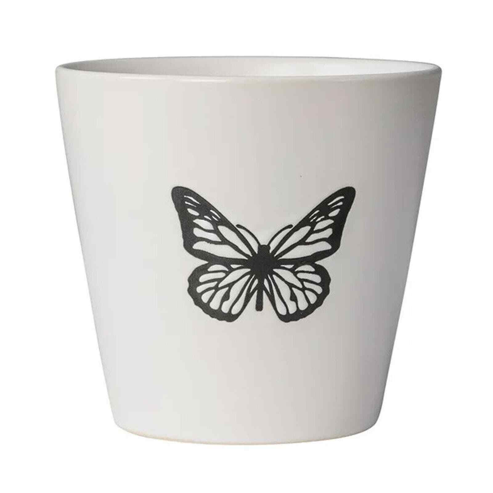 Round Ceramic White Butterfly Wings Outdoor Pot Drainage Hole Planter 5.9” Vase