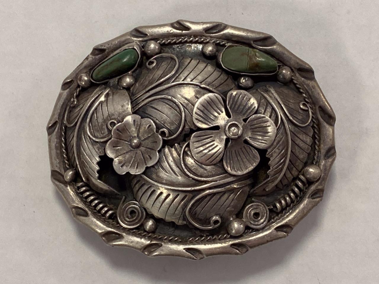 MEXICO 950 SILVER TURQUOISE OXIDIZED BELT BUCKLE (110 GRAMS).