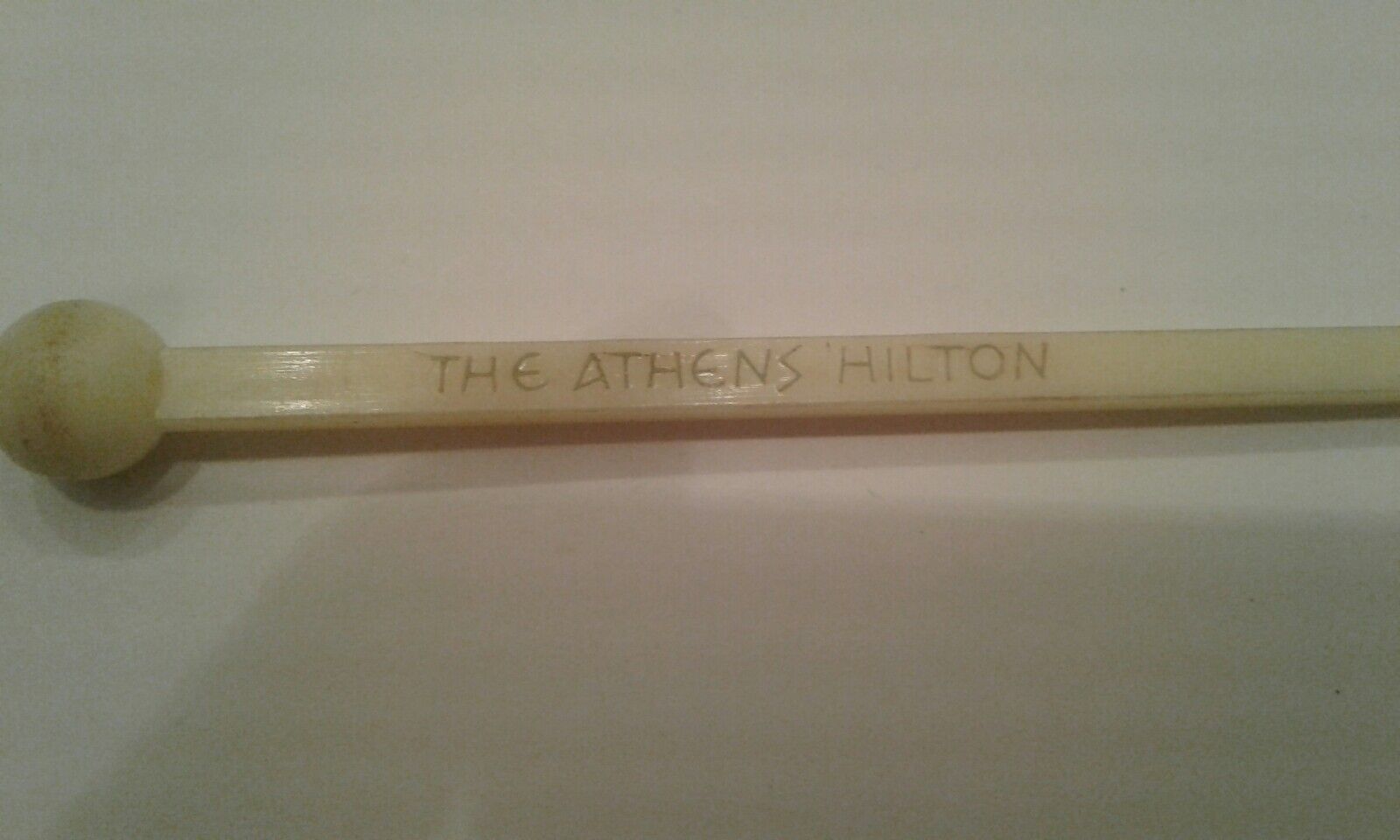 The ATHENS HILTON Swizzle Stick Drink Stirrer Greece White Plastic 