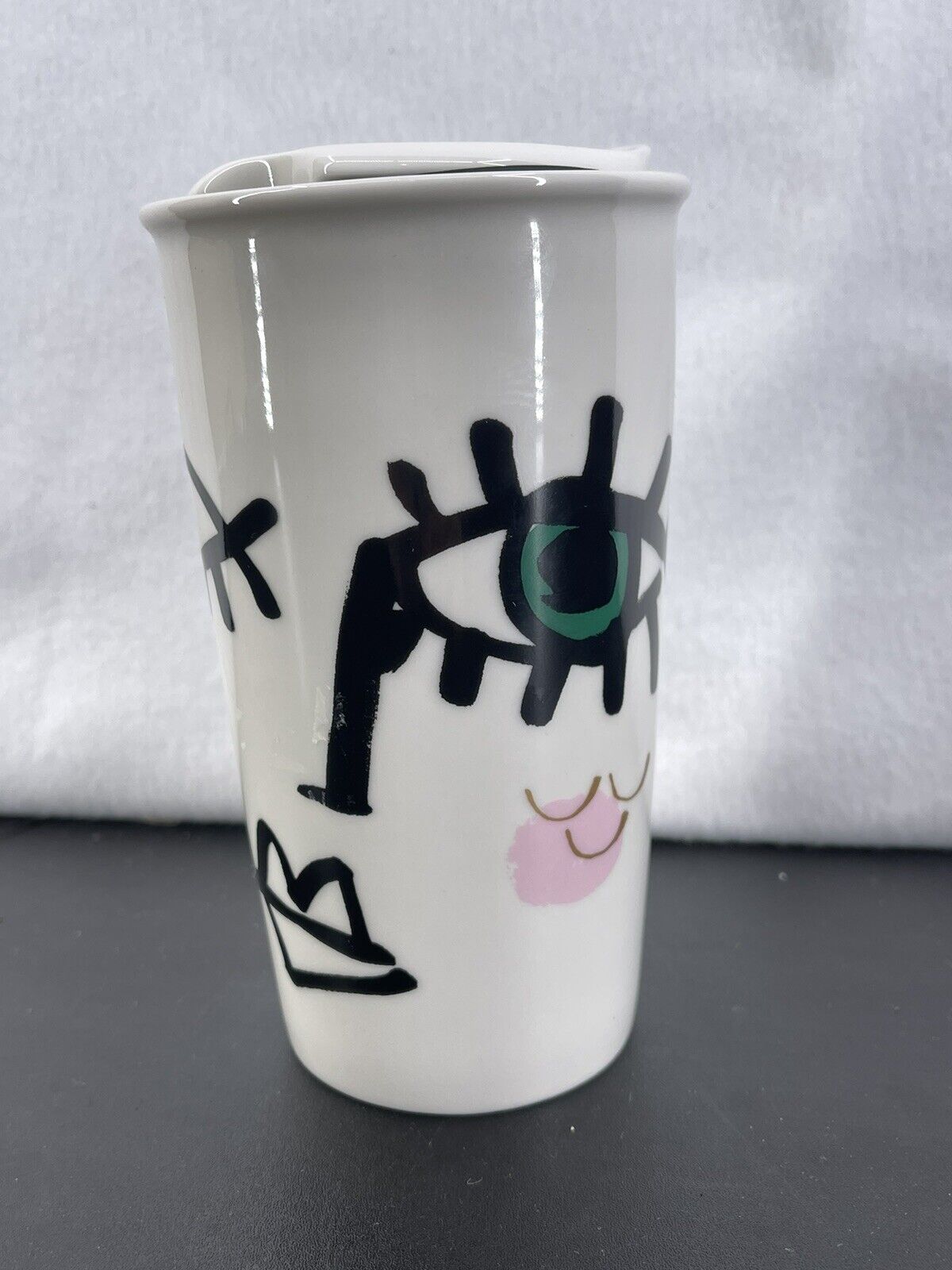 2014 STARBUCKS COFFEE Winking Eye Siren Ceramic Mug Travel Tumbler + Lid 12 oz