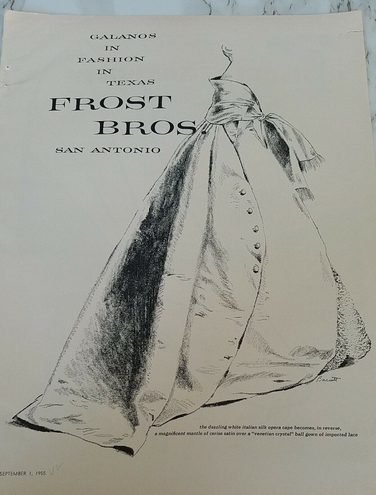 1955 womens Galanos Italian silk opera cape Frost Bros San Antonio TX vintage ad