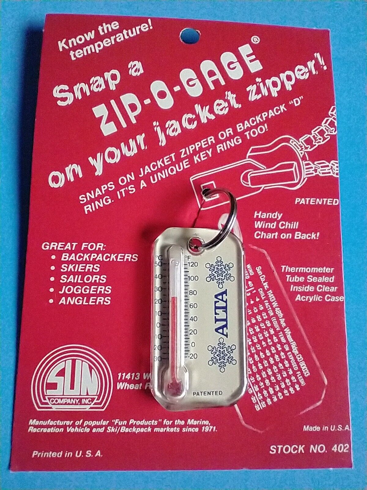 RARE-VTG. ALTA -JACKET ZIPPER THERMOMETER WITH WIND CHILL CHART--ZIP-O-GAGE
