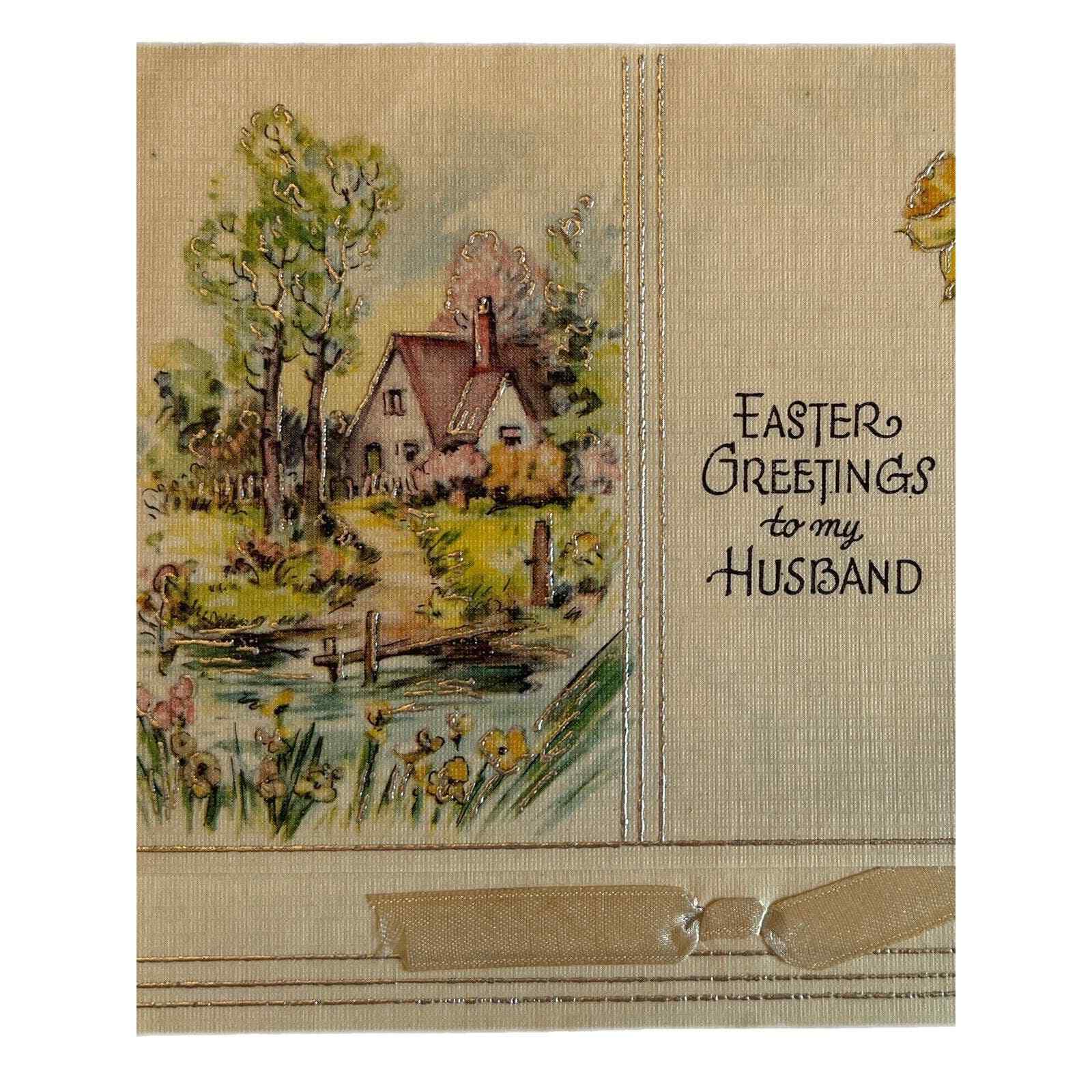 Vintage Early 1900s Happy Easter Husband Spring Cottage W Tulips And Daffodils