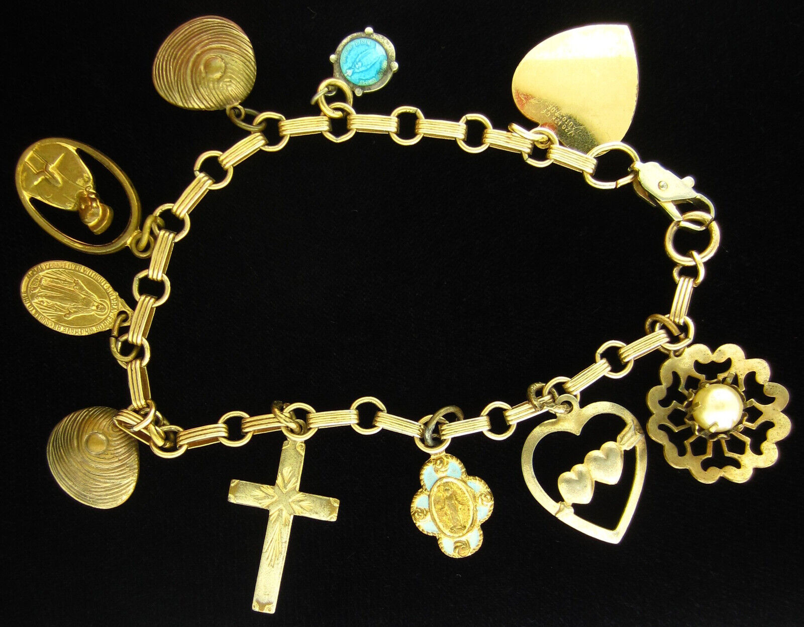 Vintage Catholic Gold Tone Bracelet with 10 Charms Attatched Religious Catholic