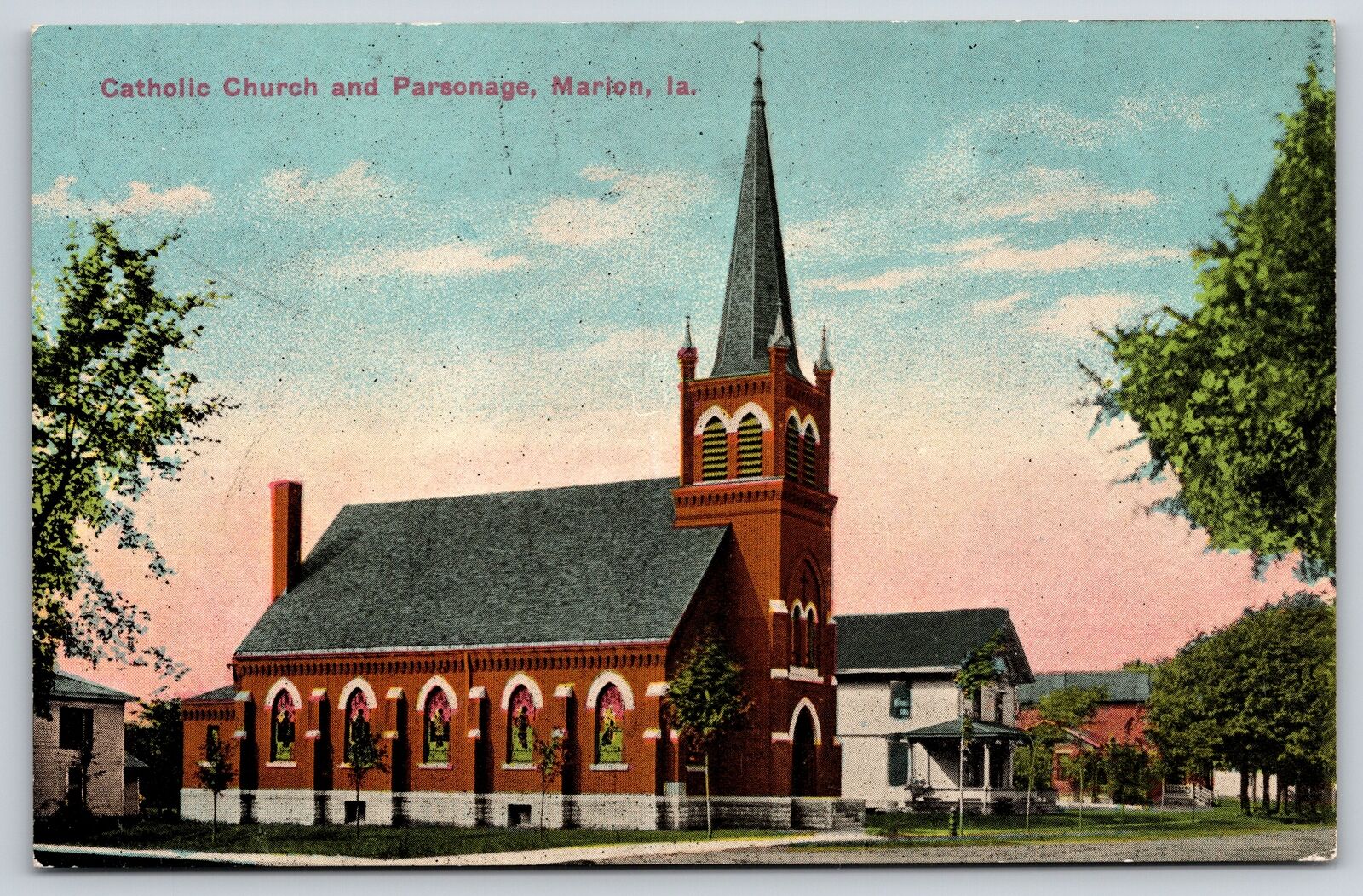 Marion Iowa~Catholic Church & Parsonage~Tall Steeple~c1910 Postcard