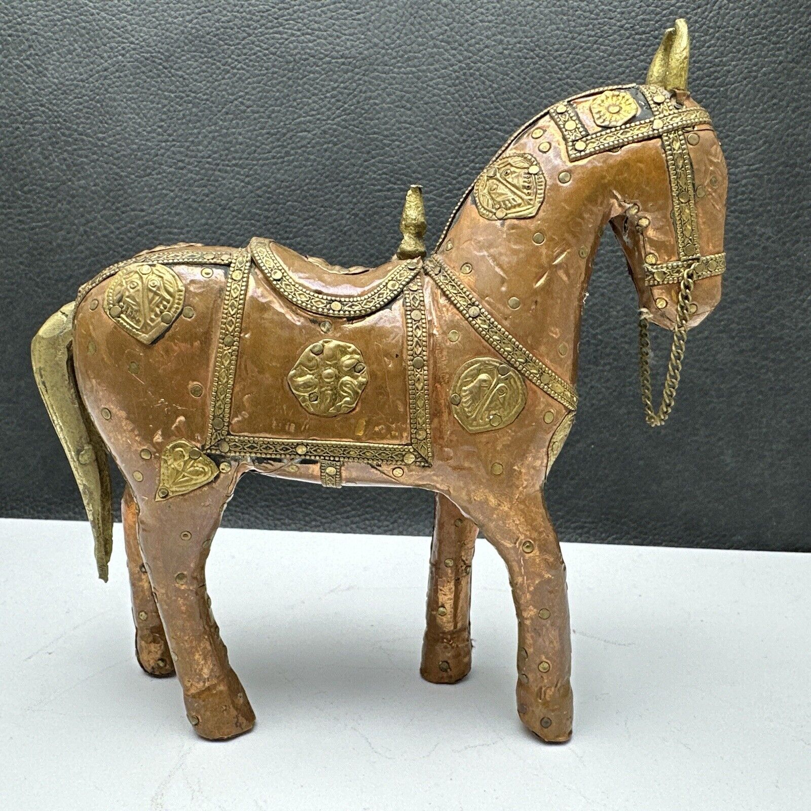 Marwari War Horse Asian Ornate Metal Brass Covered Wood Hand Hammered Vintage