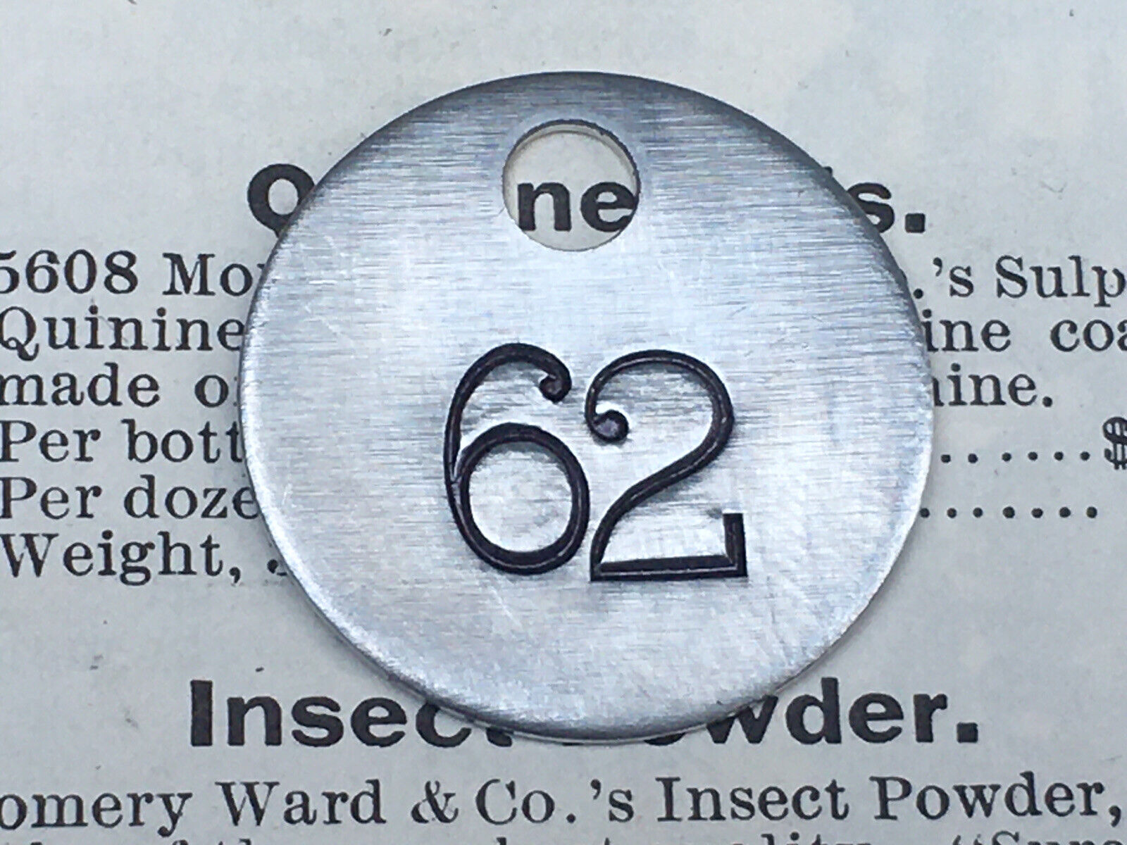 Number 62 Tag Aluminum Metal Numbered Keychain Stamped Token Fob Mining Check
