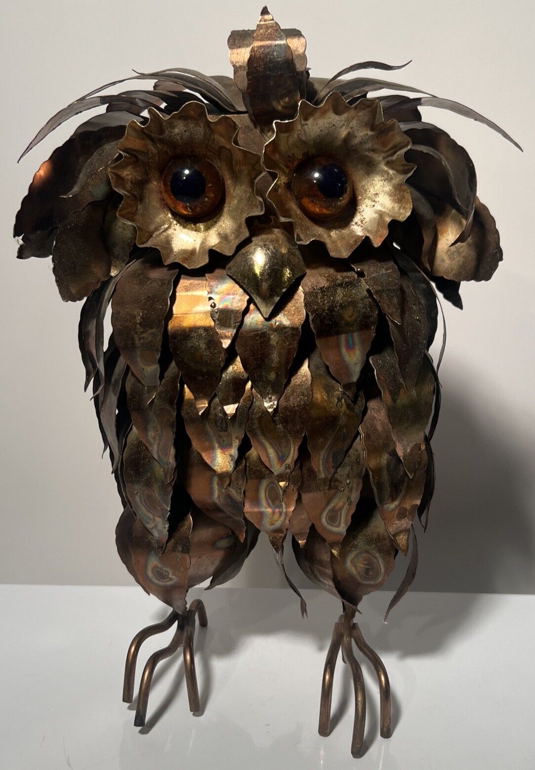 Midcentury Brutalist Torch Cut Owl Sculpture in the Style of Curtis Jere 13”