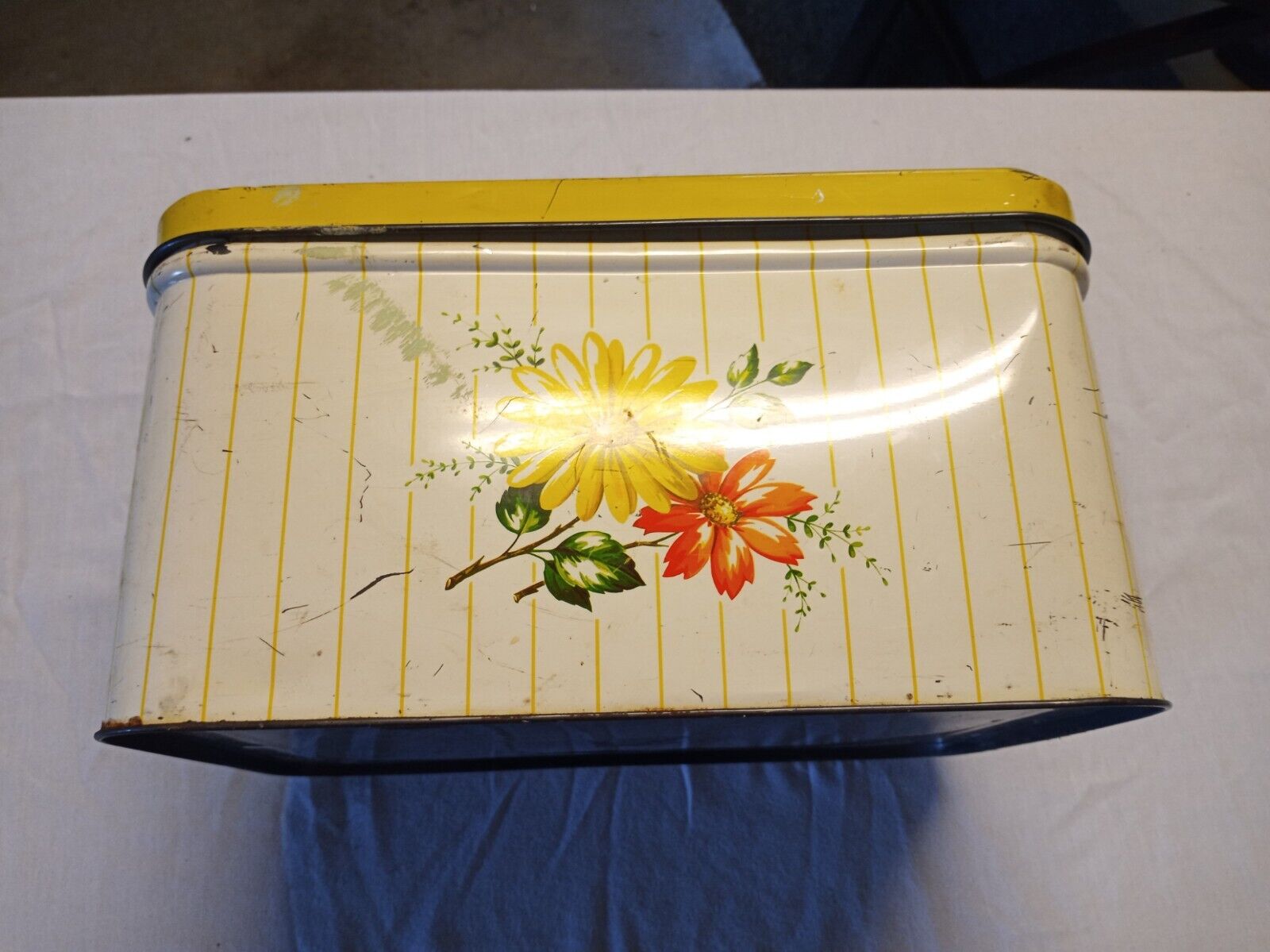1950\'s Vintage Decoware Metal Bread Box Tin Litho with Hinged Yellow Lid 