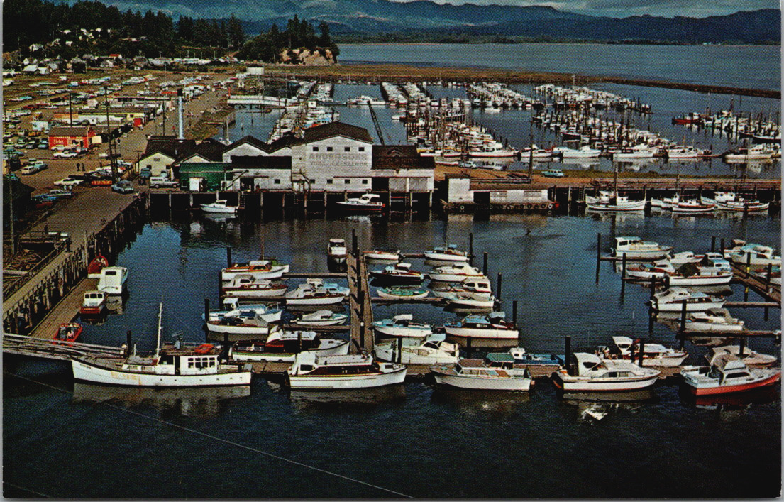 Aerial Ilwaco WA Port Fishing Boats Anderson Salmon Cannery c1960\'s Cars Homes