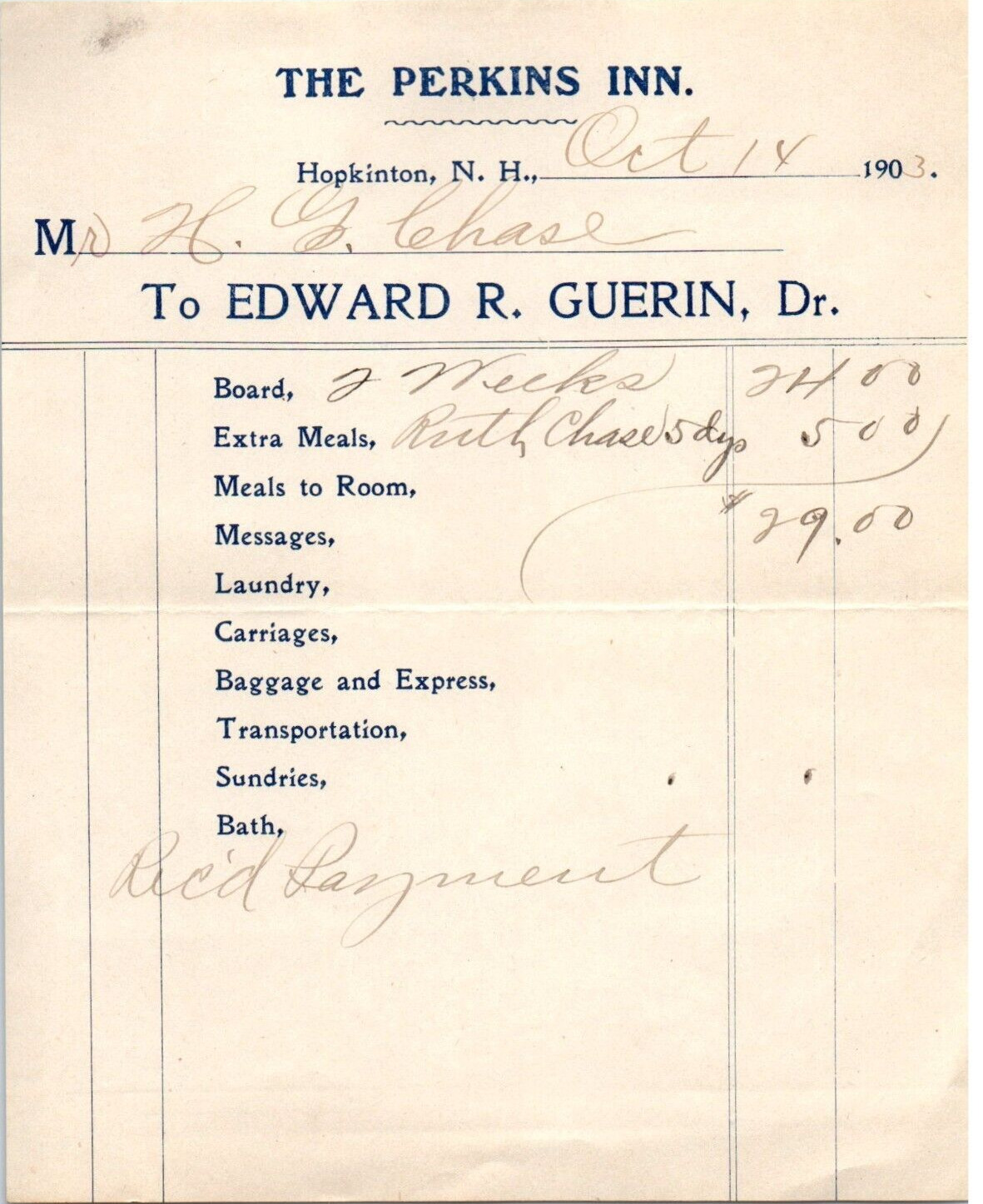 Hopkinton NH Perkins Inn Edward R. Guerin 1903 Letterhead Receipt H.G Chase