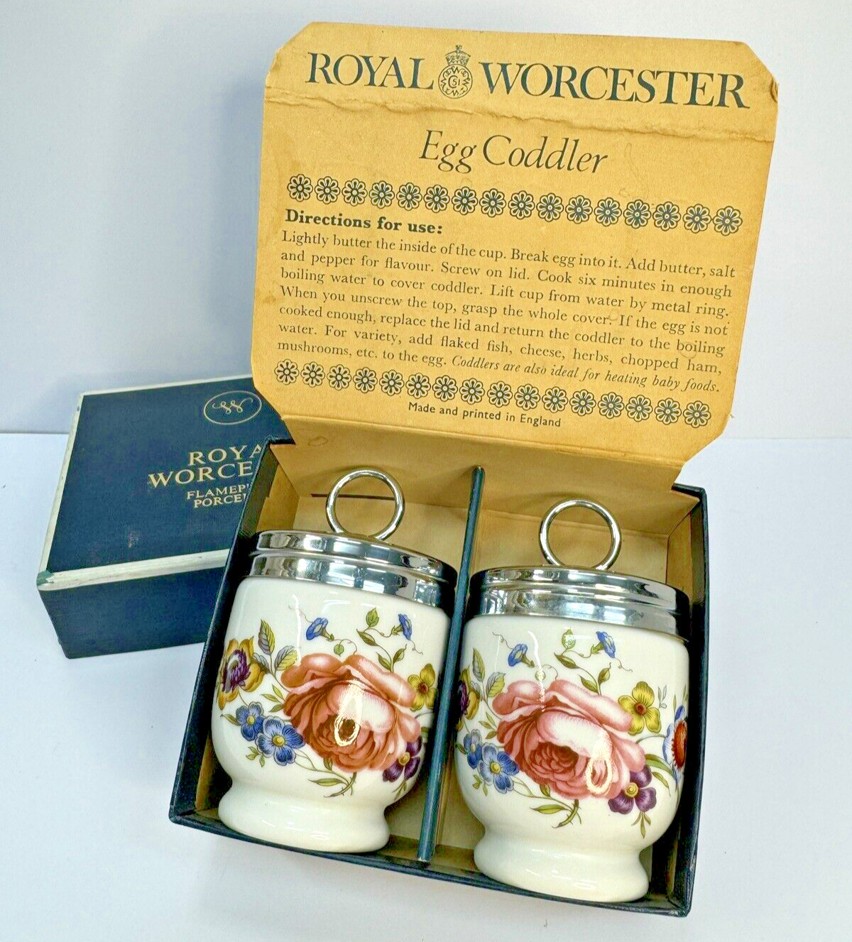 VTG 2 Royal Worcester Porcelain Floral Egg Coddlers, OG Box, w/ Ephemera Card